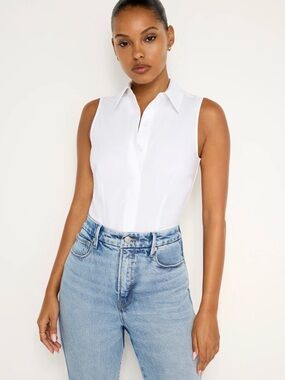 Good American Sleeveless White Collared Bodysuit